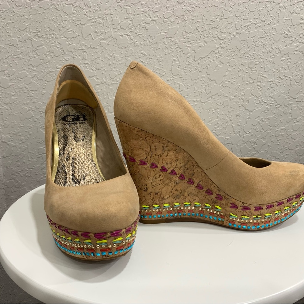 Gianni Bini tan wedges with beaded detail